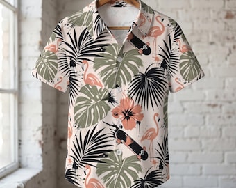 Teen Boys Hawaiian Shirt | Flamingo, Skateboard, Tropical Leaf Aloha Button Down