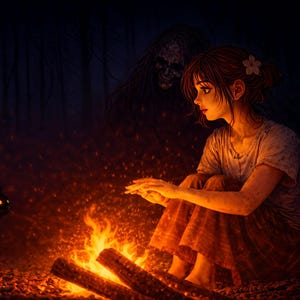 Puede incluir: Arte digital de una mujer sentada junto a una fogata con un gato negro. Una figura sombría acecha en el fondo. Las llamas naranjas y amarillas del fuego iluminan la escena, creando un brillo cálido.