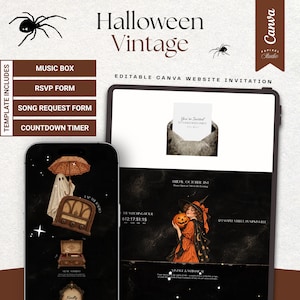 Op de afbeelding: Een bewerkbaar digitaal Halloween-uitnodigingssjabloon weergegeven op een smartphone- en tabletscherm. Het ontwerp bevat illustraties in vintage-stijl van een geest met een paraplu, een radio, een heks met een pompoen en spinnen.