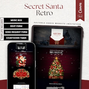 Op de afbeelding: Een digitale Secret Santa Retro uitnodigingssjabloon weergegeven op een smartphone en tablet. Het ontwerp heeft een rood en zwart thema met een kerstmanillustratie, een versierde kerstboom, een afteltimer en tekst waaronder Secret Santa, RSVP form en music box.