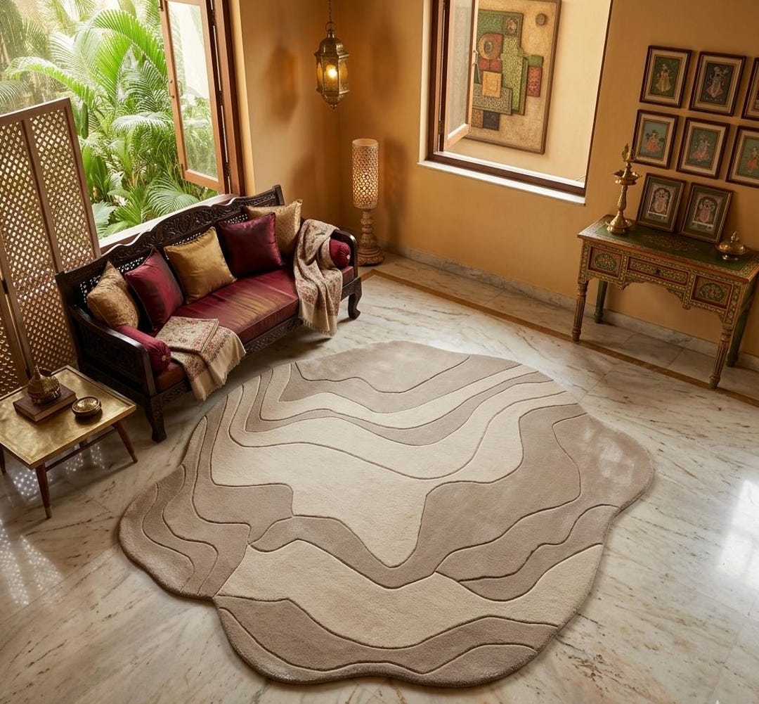 Irregular Abstract Area Rug Abstract Wavy Rug - Irregular Shape Neutral Area Rug - Organic Flow ...