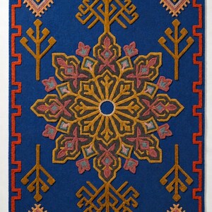 Large Blue and Pink Geometric Hand-Tufted Rug, Medallion and Diamond Patterns, Bohemian Art Deco Style, Accent , 100% Wool.