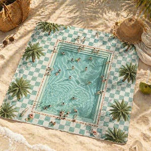 May include: A beach towel with a pool design. The towel features a checkered border in light blue and white, with a central image of a pool filled with people. Palm trees are scattered around the pool, and the towel is on a sandy beach.