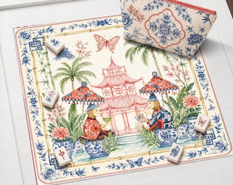 Tapete de Mahjong con diseño de mono caprichoso y jarrón de jengibre, pagoda de porcelana azul estilo chinoiserie para Mahjong americano, mantel antideslizante, se envía enrollado.