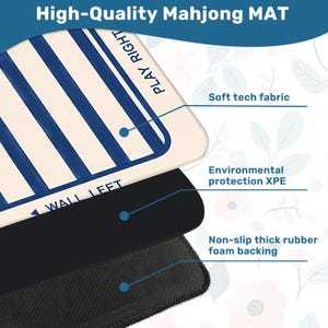 May include: A high-quality Mahjong mat with a cream-colored surface and blue stripes. The mat features the text "PLAY RIGHT" and "WALL LEFT". It has a soft tech fabric, environmental protection XPE, and a non-slip thick rubber foam backing.
