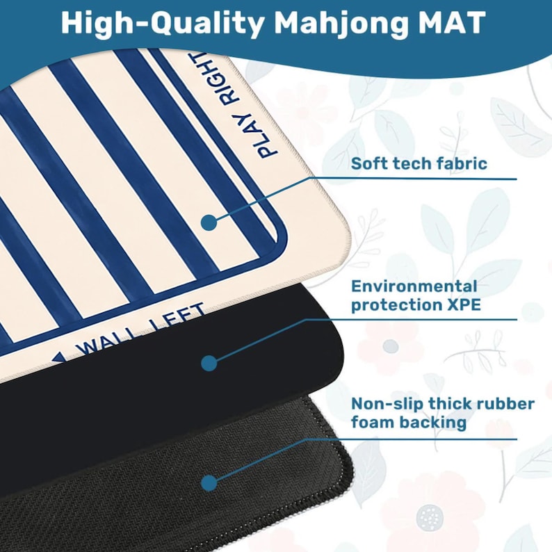 May include: A high-quality Mahjong mat with a cream-colored surface and blue stripes. The mat features the text "PLAY RIGHT" and "WALL LEFT". It has a soft tech fabric, environmental protection XPE, and a non-slip thick rubber foam backing.