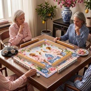 May include: A group of people playing Mahjong on a wooden table. The game is set up on a floral patterned mat with decorative tiles. A teapot and teacups are on the table. The players are wearing pajamas.