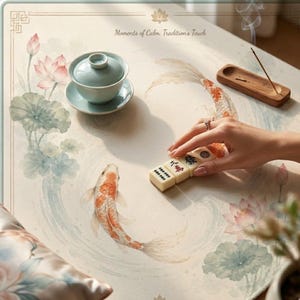May include: A serene scene featuring a light blue tea set, a wooden incense holder, and a set of mahjong tiles. The table has a watercolor design with koi fish and lotus flowers. The text on the table reads "Moments of Calm, Tradition's Touch."