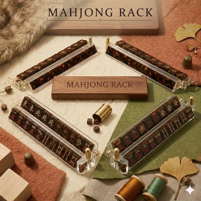 Puede incluir: Cuatro soportes de acr&iacute;lico transparente para mahjong con fichas de patr&oacute;n de carey que presentan caracteres chinos en oro y rojo. Una caja rectangular de madera central est&aacute; grabada con el texto MAHJONG RACK. Incluye un peque&ntilde;o vaso de lat&oacute;n.