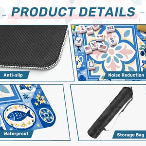 May include: Image showing product details of a game mat. The mat features an anti-slip backing, noise reduction, and is waterproof. The mat has a blue and white floral design with a fish graphic. A black storage bag is also shown.