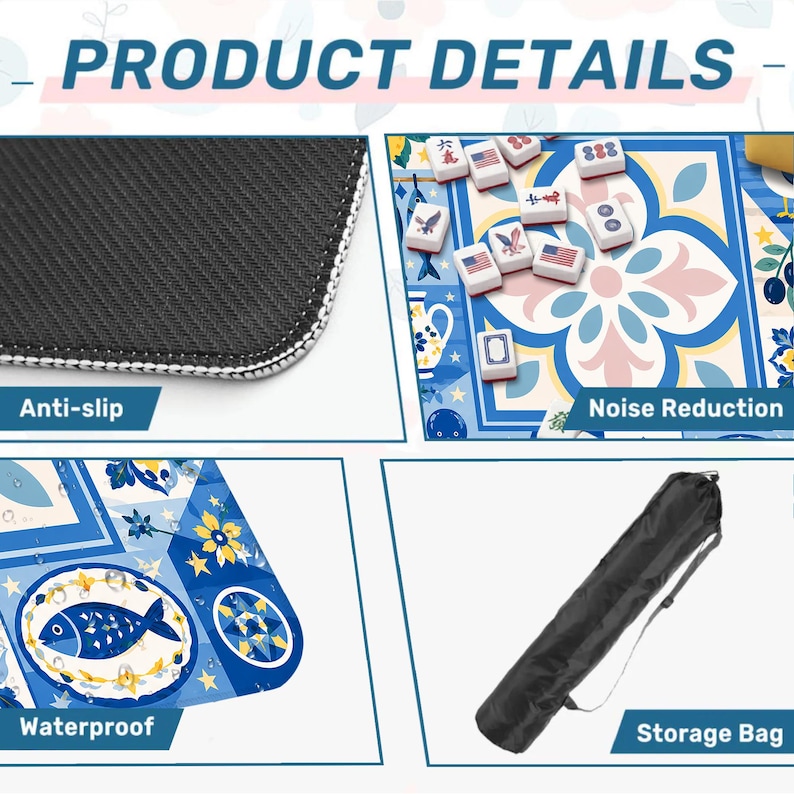 May include: Image showing product details of a game mat. The mat features an anti-slip backing, noise reduction, and is waterproof. The mat has a blue and white floral design with a fish graphic. A black storage bag is also shown.