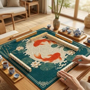 May include: A square mahjong mat featuring a central circular design of two orange koi fish swimming among white lotus flowers and green lily pads on a dark teal background, surrounded by rows of ivory-colored mahjong tiles on a wooden table.