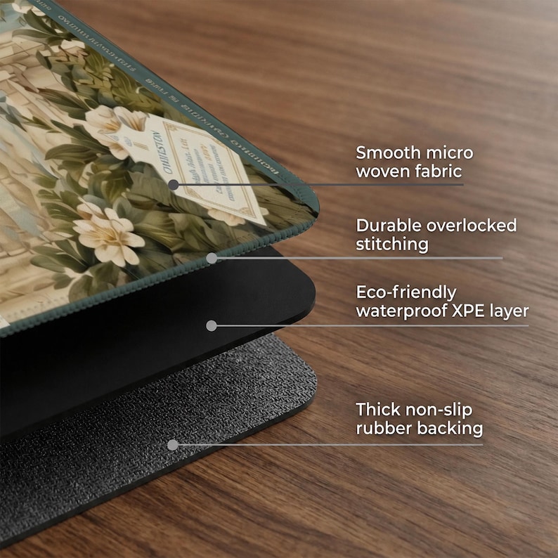 May include: A rectangular desk mat featuring a floral print with white flowers and green leaves. The mat is composed of four layers: a smooth micro woven fabric top, durable overlocked stitching, an eco-friendly waterproof XPE layer, and a thick non-slip rubber backing.