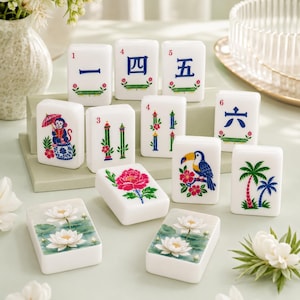 White Lotus Mahjong Tiles Included Box, 1.4"x1.0"x0.6" Luxury American Mahjong Tiles, Asian Heritage Porcelain Mahjong, 160 Pieces