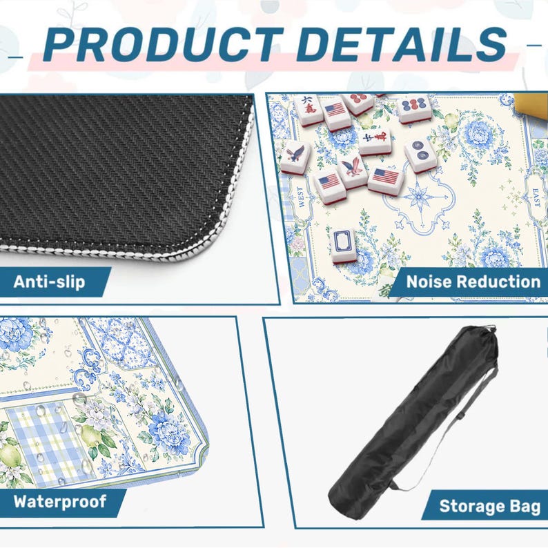 May include: Product details of a Mahjong game mat. The mat features an anti-slip backing, noise reduction, and is waterproof. The mat has a floral design with blue flowers and a storage bag.