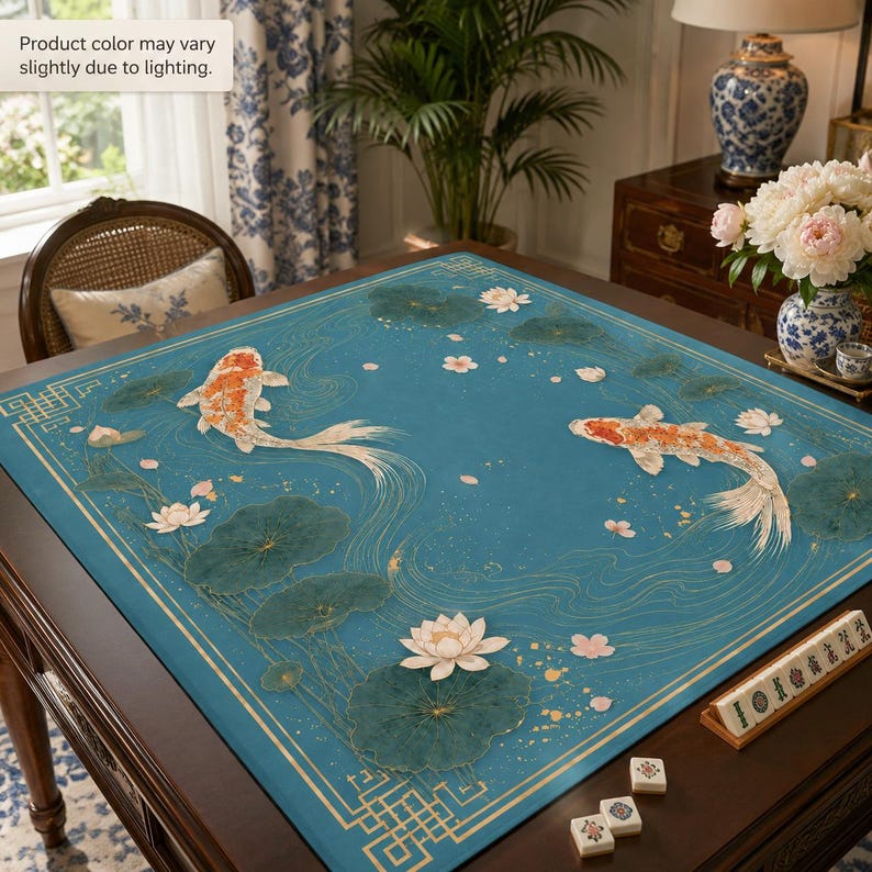 Puede incluir: Un mantel cuadrado de color verde azulado con dos peces koi naranjas y blancos nadando entre nen&uacute;fares de color verde oscuro y flores de loto blancas. El dise&ntilde;o incluye l&iacute;neas doradas y un borde geom&eacute;trico. El color puede variar ligeramente.