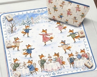 Après Skate Fox Neoprene Mahjong Mat | Winter Tea Party Foxes Mahjong Table Cover | Non-Slip Table Protection Cover, SHIPS ROLLED