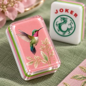Rosa kolibri Mahjong-plattor, 4-lagers akryl amerikansk Mahjong-set, rosa och gröna botaniska plattor, gåva för fågelälskare