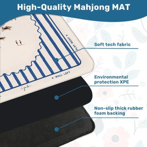 May include: A high-quality Mahjong mat with a cream-colored playing surface featuring blue stripes and game details. The mat has a soft tech fabric, environmental protection XPE, and a non-slip thick rubber foam backing. The text "High-Quality Mahjong MAT" is at the top.
