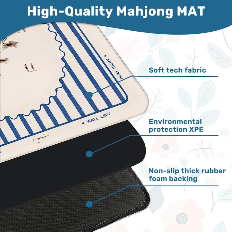 May include: A high-quality Mahjong mat with a cream-colored playing surface featuring blue stripes and game details. The mat has a soft tech fabric, environmental protection XPE, and a non-slip thick rubber foam backing. The text "High-Quality Mahjong MAT" is at the top.