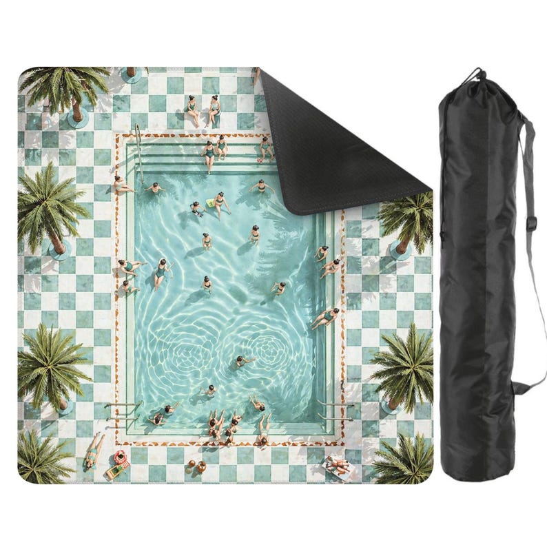 May include: A rectangular beach blanket featuring a pool scene with people swimming and sunbathing. The blanket has a checkered pattern in shades of blue and white, with palm trees around the pool. A black carrying bag is included.