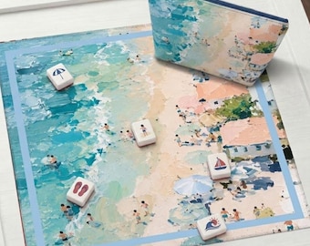Tapete de mahjong abstracto personalizado con diseño costero de playa, vista aérea del océano, decoración de verano para casa de playa, mantel con paisaje marino costero, tapete de juego de mesa antideslizante