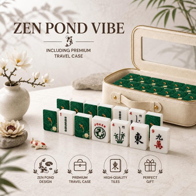 Pu&ograve; includere: Un set da Mahjong con tessere bianche decorate con inchiostro nero, rosso e verde, inclusa una tessera Joker e tessere con motivi di pesci koi e fiori di loto. Il set include una custodia da viaggio beige con cerniera, manico e finestra.