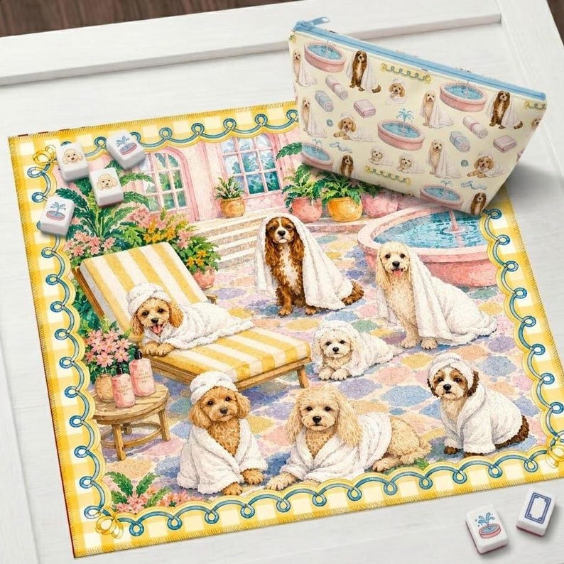 May include: A square mat and a zippered pouch featuring a repeating illustration of light brown dogs wearing white bathrobes and towels. The scene depicts the dogs in a spa setting with fountains, lounge chairs, and potted plants in pastel colors.