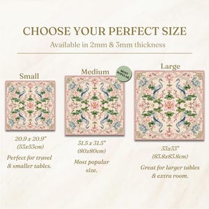 May include: Image shows three square mats with a floral and crane design in pink, blue, and green. Sizes are small (20.9 x 20.9 inches), medium (31.5 x 31.5 inches), and large (33 x 33 inches). Text reads "CHOOSE YOUR PERFECT SIZE" and "Available in 2mm & 3mm thickness."