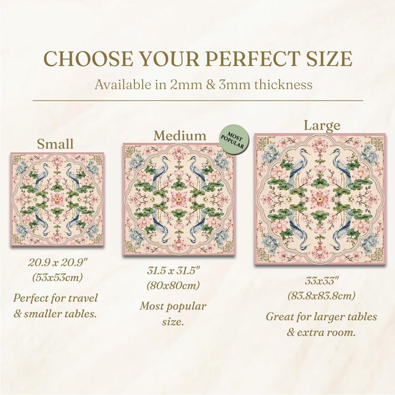 May include: Image shows three square mats with a floral and crane design in pink, blue, and green. Sizes are small (20.9 x 20.9 inches), medium (31.5 x 31.5 inches), and large (33 x 33 inches). Text reads "CHOOSE YOUR PERFECT SIZE" and "Available in 2mm & 3mm thickness."