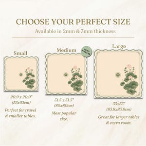 May include: Three square table mats with a cream background, green scalloped borders, and a lotus flower illustration. Sizes include 20.9 x 20.9 inches, 31.5 x 31.5 inches, and 33 x 33 inches. The text reads CHOOSE YOUR PERFECT SIZE, 2mm & 3mm thickness.