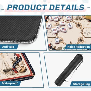 May include: A mahjong mat featuring a nautical theme with an anchor and sailboat graphic, an anti-slip black rubber backing, a noise-reducing surface, a waterproof finish, and a black cylindrical storage bag with an adjustable shoulder strap.