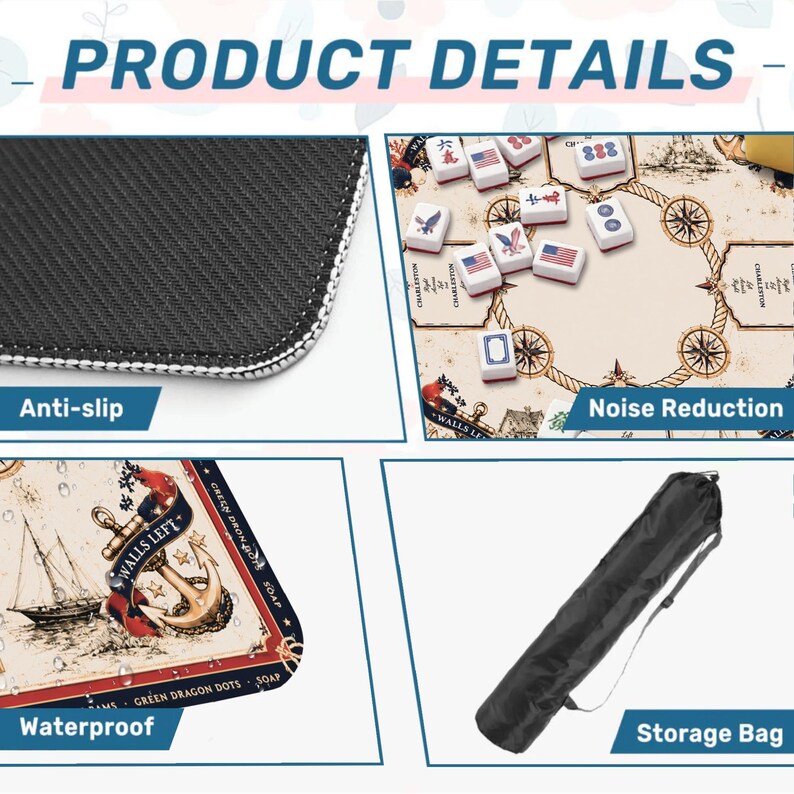 May include: A mahjong mat featuring a nautical theme with an anchor and sailboat graphic, an anti-slip black rubber backing, a noise-reducing surface, a waterproof finish, and a black cylindrical storage bag with an adjustable shoulder strap.