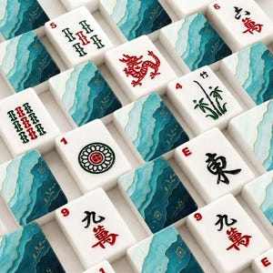 May include: A collection of white mahjong tiles featuring a mix of traditional black and red character symbols, numbers, and bamboo designs, interspersed with tiles displaying a decorative teal and blue wavy pattern with gold accents.