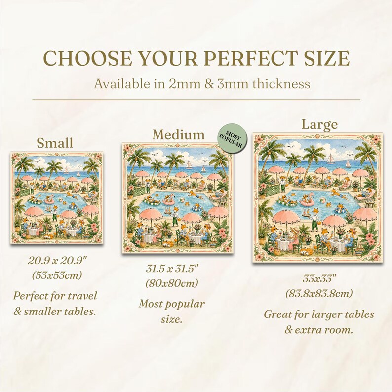 May include: A size guide for square table covers featuring a beach scene with foxes. Options include Small 20.9 x 20.9 inches, Medium 31.5 x 31.5 inches, and Large 33 x 33 inches. The text indicates availability in 2mm and 3mm thickness options.