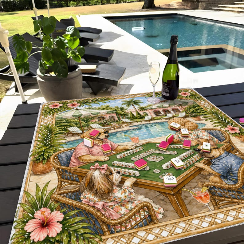 Sommarhund som spelar mahjong, Palm Beach Mahjong Club, konst vid kusten vid poolen, väggdekor med preppy resort-livsstil bild 7