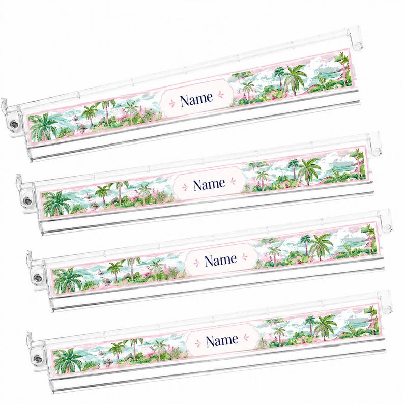 May include: Four clear plastic label holders with a watercolor design of palm trees and a beach scene. Each holder has a pink border and the word "Name" in a cursive font. The label holders are designed for organization.