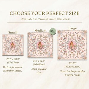 May include: A size guide for square mats featuring a mermaid and seashell pattern. Three sizes are shown: Small at 20.9 x 20.9 inches, Medium at 31.5 x 31.5 inches, and Large at 33 x 33 inches. The text indicates availability in 2mm and 3mm thickness.