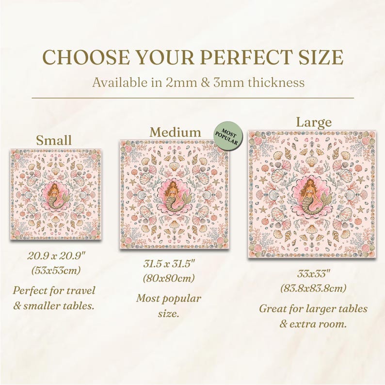 May include: A size guide for square mats featuring a mermaid and seashell pattern. Three sizes are shown: Small at 20.9 x 20.9 inches, Medium at 31.5 x 31.5 inches, and Large at 33 x 33 inches. The text indicates availability in 2mm and 3mm thickness.
