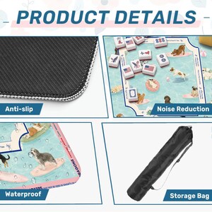 May include: Product details image showing an anti-slip surface, a Mahjong game board with dog illustrations, and a black storage bag. The board is waterproof and designed for noise reduction.