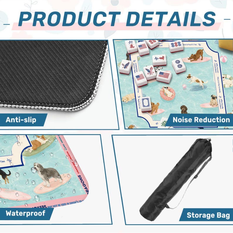 May include: Product details image showing an anti-slip surface, a Mahjong game board with dog illustrations, and a black storage bag. The board is waterproof and designed for noise reduction.