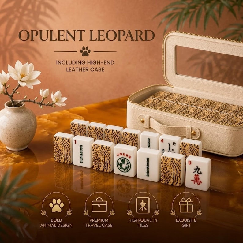May include: A Mahjong set featuring tiles with leopard print backs and traditional characters, accompanied by a beige leather carrying case with a top handle and clear window. The set includes a Joker tile and is presented with text reading OPULENT LEOPARD.