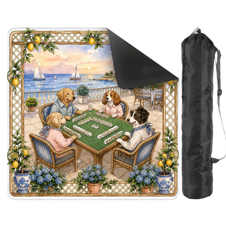 May include: A rectangular mat featuring a watercolor illustration of four dogs playing mahjong on a patio overlooking the ocean. The mat has a black backing and is accompanied by a black carrying bag with a shoulder strap. Lemon trees and blue flower pots frame the scene.