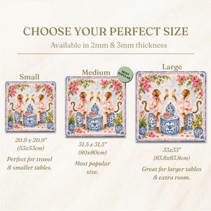 May include: Square decorative mats with a whimsical design featuring monkeys in pink pajamas, surrounded by blue and white vases and floral accents. Available in small (20.9 x 20.9 inches), medium (31.5 x 31.5 inches), and large (33 x 33 inches) sizes.