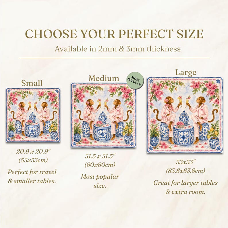 May include: Square decorative mats with a whimsical design featuring monkeys in pink pajamas, surrounded by blue and white vases and floral accents. Available in small (20.9 x 20.9 inches), medium (31.5 x 31.5 inches), and large (33 x 33 inches) sizes.