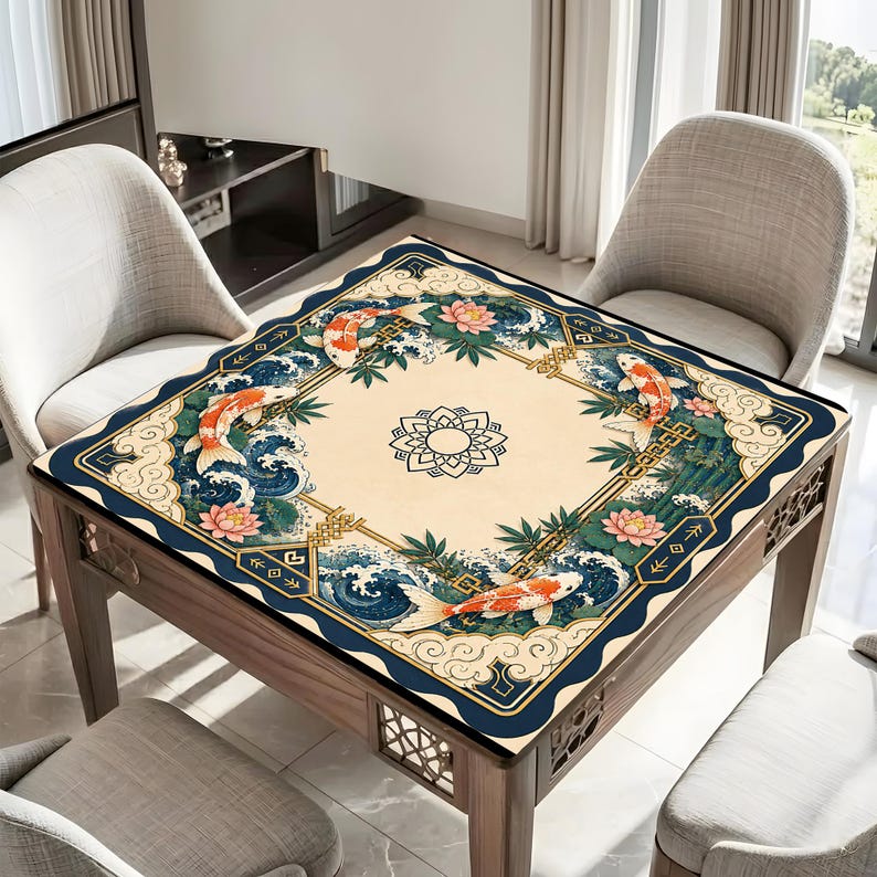 Elegant Koi-fiskdamm Mahjongmatta | Chinoiserie Amerikansk Mahjong Spelyta | Lotusblomma & Japansk Koi Design | Lyxig Mahjong-present bild 3
