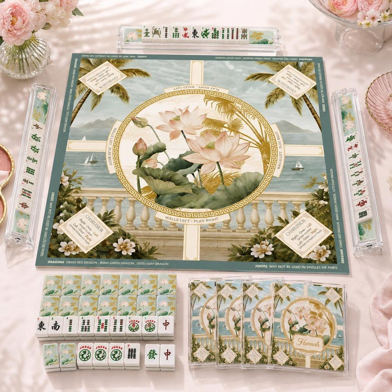 Set 4 White Lotus Mahjong-ställ – Premium Chinoiserie-hållare i klar akryl för amerikansk Mahjong, personliga pushers och kakelhållare bild 3