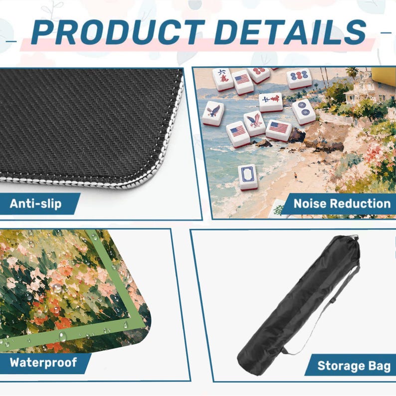 May include: Product details image with close-ups of a black anti-slip surface, Mahjong tiles with American flag designs, a waterproof surface with a floral design, and a black storage bag. The image includes the text "PRODUCT DETAILS".