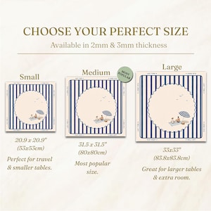 May include: Image showing three sizes of a beach-themed placemat with blue and white stripes. The placemats have a scalloped edge and a central design of a beach scene. Sizes are 20.9 x 20.9 inches, 31.5 x 31.5 inches, and 33 x 33 inches.