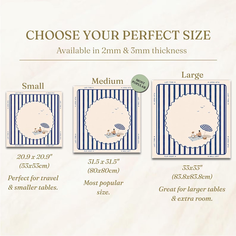 May include: Image showing three sizes of a beach-themed placemat with blue and white stripes. The placemats have a scalloped edge and a central design of a beach scene. Sizes are 20.9 x 20.9 inches, 31.5 x 31.5 inches, and 33 x 33 inches.